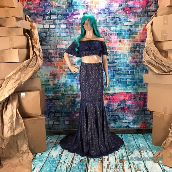 JOVANI Navy Lace Crop Top Dress! #JP49740 - Picture 6 of 8